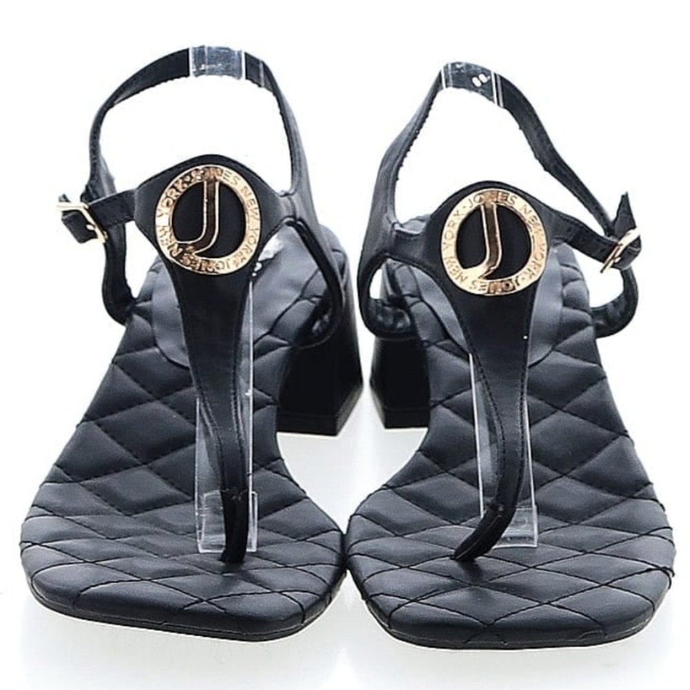Jones New York Heatha Faux Leather Chunky Heel Thong Toe Sandal, 10, Black
